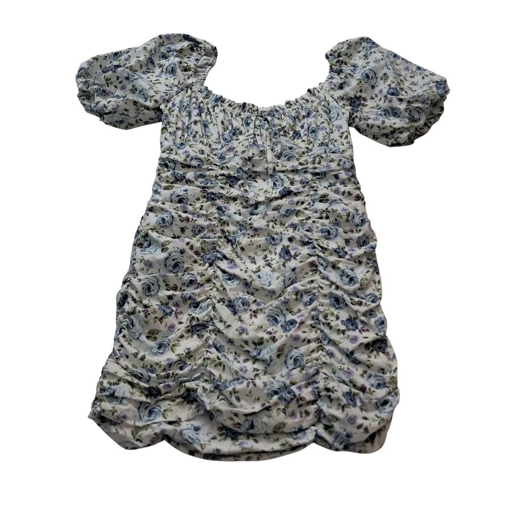 Mable Mini Dress Womens Medium Blue Floral Ruched Puff Sleeve Cottagecore Girly